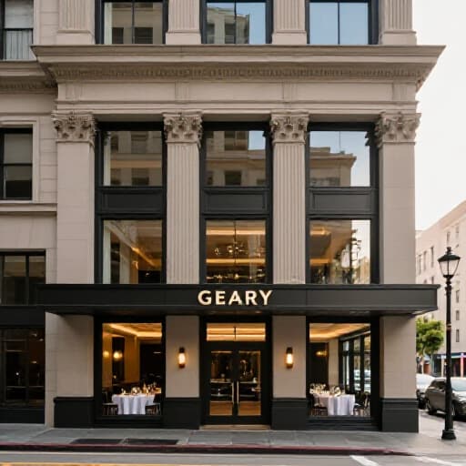 Exterior view of Beluga Restaurant & Banquet Hall on Geary Blvd, San Francisco, an ideal corporate event venue for business events. Elegant building facade perfect for corporate gatherings.
