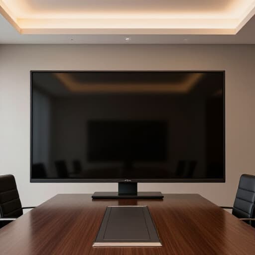 Modern corporate meeting room setup in San Francisco with a large screen and comfortable chairs. Beluga Restaurant & Banquet Hall offers adaptable meeting spaces for business events.