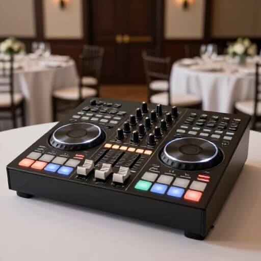 Professional DJ setup at a San Francisco event, ready to provide custom music packages. The image features high-quality sound equipment and dynamic lighting in an elegant banquet hall setting, showcasing the vibrant atmosphere for special occasions.