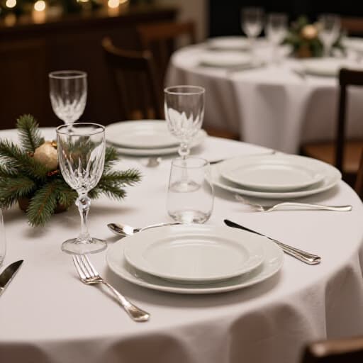 Elegant holiday party venue in San Francisco, beautifully decorated for a festive celebration. A beautifully decorated banquet hall with festive lighting, tables set for guests, and a cheerful ambiance, perfect for corporate Christmas parties or private holiday events.