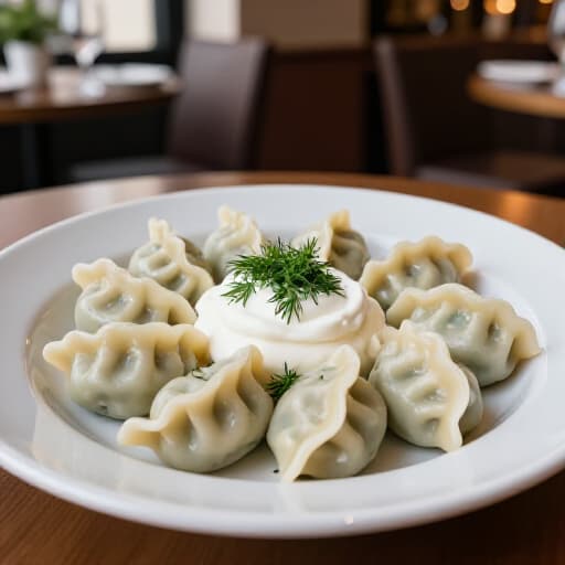 Elegant plate of Pelmeni dumplings with sour cream and herbs, served for lunch dining in a San Francisco restaurant.