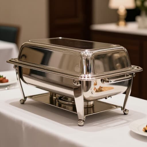 Seamless Off-Site Catering Setup in San Francisco. A professional catering team meticulously setting up an elegant dining experience with chafing dishes and exquisite tableware for an event in San Francisco, showcasing logistical excellence and attention to detail.