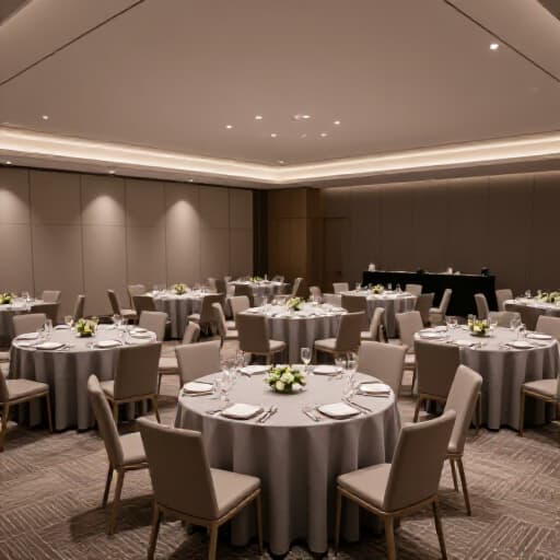 Elegant San Francisco team building event venue with flexible layout. A modern and versatile banquet hall setup with tables and chairs arranged for a corporate team building activity, showcasing the adaptable space perfect for various group sizes.