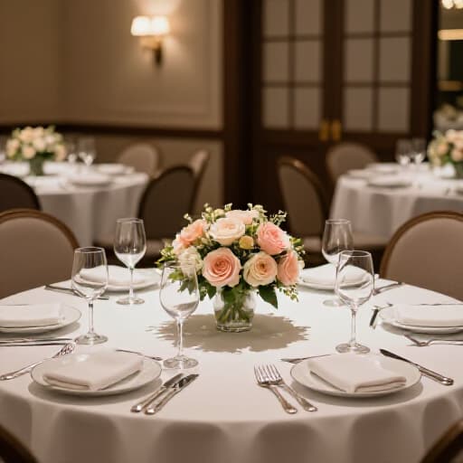 Elegant wedding reception setup in a San Francisco banquet hall, with tables adorned for a celebration.