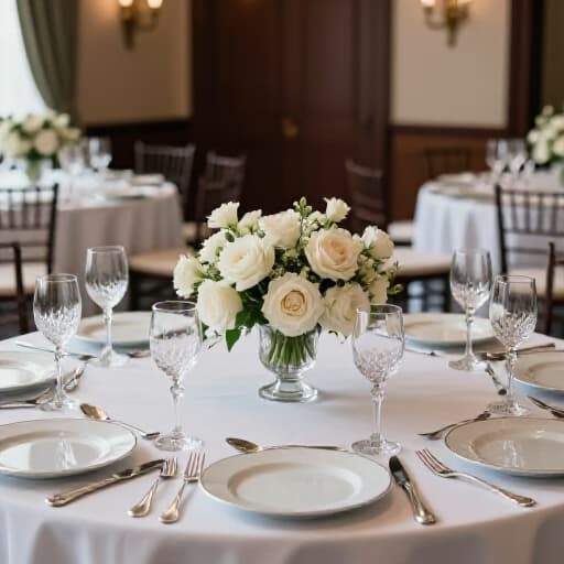 Elegant wedding reception setup in a San Francisco banquet hall. A beautifully decorated venue ready for a celebration, showcasing efficient event planning for last-minute weddings.