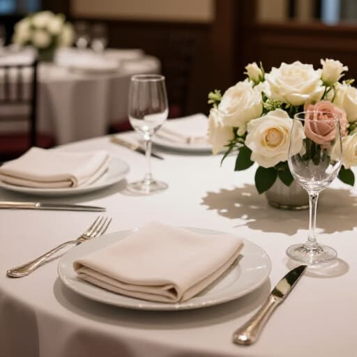 Elegant wedding reception setup at Beluga Banquet Hall in San Francisco. A beautifully decorated dining area with floral arrangements, pristine table settings, and soft lighting, ready for a memorable celebration.