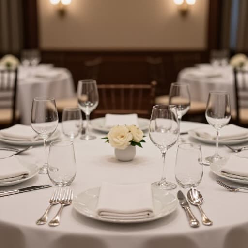 Elegant wedding reception setup at Beluga Banquet Hall San Francisco. A beautifully decorated dining area ready for a wedding celebration, showcasing sophisticated table settings, floral arrangements, and ambient lighting, perfect for a dream wedding reception.
