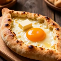 Authentic Khachapuri on a beautifully set table in San Francisco. A golden, cheese-filled Khachapuri, fresh herbs, and traditional Georgian wine, inviting a dine-in experience at Beluga Restaurant.