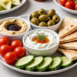 Authentic Mezze Platters at Beluga Restaurant in San Francisco. A wide, beautifully arranged platter featuring a variety of traditional Mediterranean dips like hummus and baba ghanoush, fresh vegetables, olives, and warm pita bread, set on an elegant dining table, perfect for a culinary journey.
