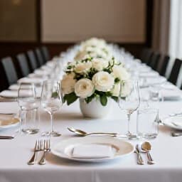 Elegant corporate event setup at Beluga Restaurant & Banquet Hall in San Francisco. A professional meeting room with a large table, chairs, and subtle decorations, perfect for business gatherings, conferences, and corporate celebrations.