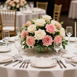 Elegant banquet hall decor for a San Francisco event, featuring luxurious table settings and floral centerpieces. Detailed view of a beautifully decorated event space at Beluga Restaurant & Banquet Hall.