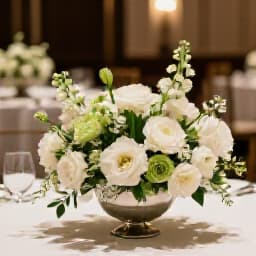 Professional event planner coordinating an elegant corporate dinner setting at Beluga Banquet Hall. A detailed shot of an event coordinator arranging place settings and flowers, ensuring every detail is perfect for a San Francisco business event.