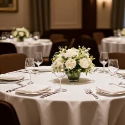 Elegant banquet hall setup ready for an event, showcasing beautiful decor
