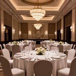 Elegant event hall ready for a tour. A beautifully set table in a grand banquet hall, showcasing event readiness and sophisticated decor for an unforgettable celebration.