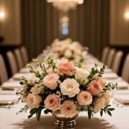 Elegant private dining setup for a rehearsal dinner in San Francisco. A beautifully set table with fine dinnerware and floral arrangements, ready for guests in a sophisticated banquet hall.