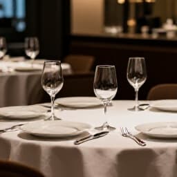 Elegant private dinner event setting at Beluga Restaurant in San Francisco with a beautifully set table and ambient lighting.