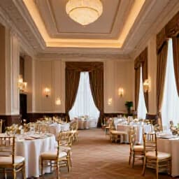Elegant San Francisco banquet hall interior ready for a venue tour. A beautifully arranged event space with round tables, chairs, and sophisticated lighting, perfect for visualizing events.