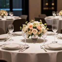 Elegant banquet hall decorated for an event in San Francisco. The spacious event venue is set with tables, chairs, and festive lighting, ready for celebrations.