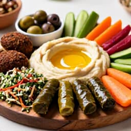 Vibrant Mediterranean Mezze Platter. A beautifully arranged mezze platter featuring hummus, falafel, stuffed grape leaves, olives, and fresh vegetables, showcasing authentic Mediterranean cuisine served in a San Francisco restaurant setting.