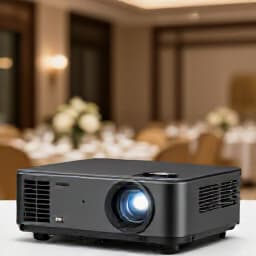 Professional AV equipment rental setup for an event in San Francisco, featuring a large screen, projector, and sound system, ready for a seamless presentation.