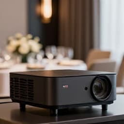Professional AV equipment setup for a San Francisco event. High-definition projector displaying content in a modern banquet hall, accompanied by robust sound systems and professional lighting, ready for a corporate presentation or private celebration.