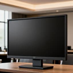 Professional AV equipment setup for business meetings. Modern meeting room featuring a large display screen, projector, and audio equipment, ready for a corporate presentation at Beluga Restaurant & Banquet Hall.