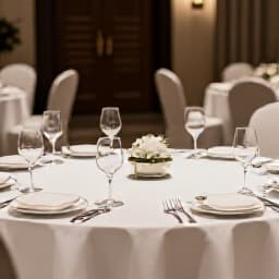 Elegant San Francisco corporate event banquet hall setup. A sophisticated banquet hall arranged for a corporate event, featuring elegant table settings, subtle lighting, and a professional atmosphere, perfect for business gatherings in San Francisco.