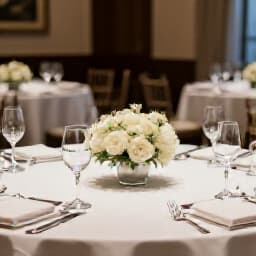 Elegant corporate event venue in San Francisco, ready for your business event site visit. A spacious and well-lit banquet hall set up for a corporate reception, showcasing modern decor and ample seating.