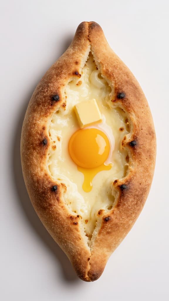 Authentic Khachapuri, a traditional Georgian cheese bread from Beluga Restaurant & Banquet Hall in San Francisco. This image shows a freshly baked, golden brown Khachapuri with bubbling cheese, perfect for a delicious meal.