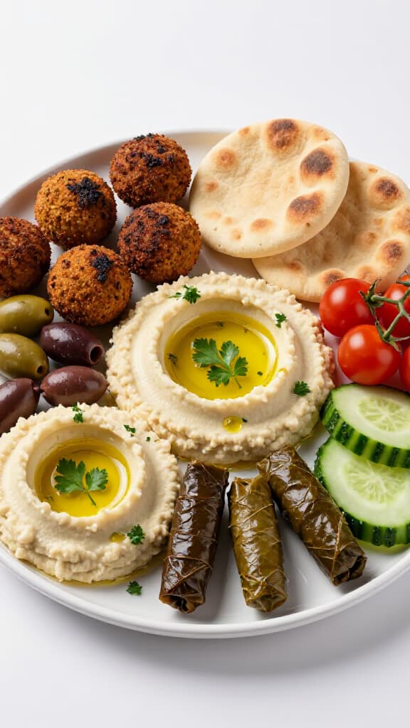 Vibrant Mediterranean Mezze Platter at Beluga Restaurant. A beautifully arranged platter featuring hummus, falafel, olives, fresh vegetables, and pita bread, showcasing the healthy and flavorful options available at our San Francisco Mediterranean restaurant.