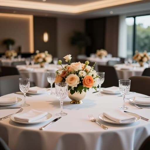 Elegant banquet hall interior at Beluga Restaurant in San Francisco. A beautifully set table with exquisite decor in a spacious and luxurious event venue, ready for a memorable celebration.