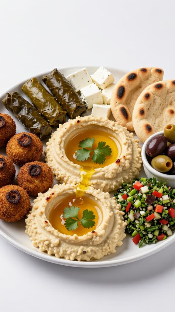 Exquisite Mezze Platter with Fresh Ingredients. A beautifully arranged Mezze Platter featuring a variety of authentic Mediterranean dips, fresh vegetables, olives, and pita bread, perfect for sharing at Beluga Restaurant & Banquet Hall.