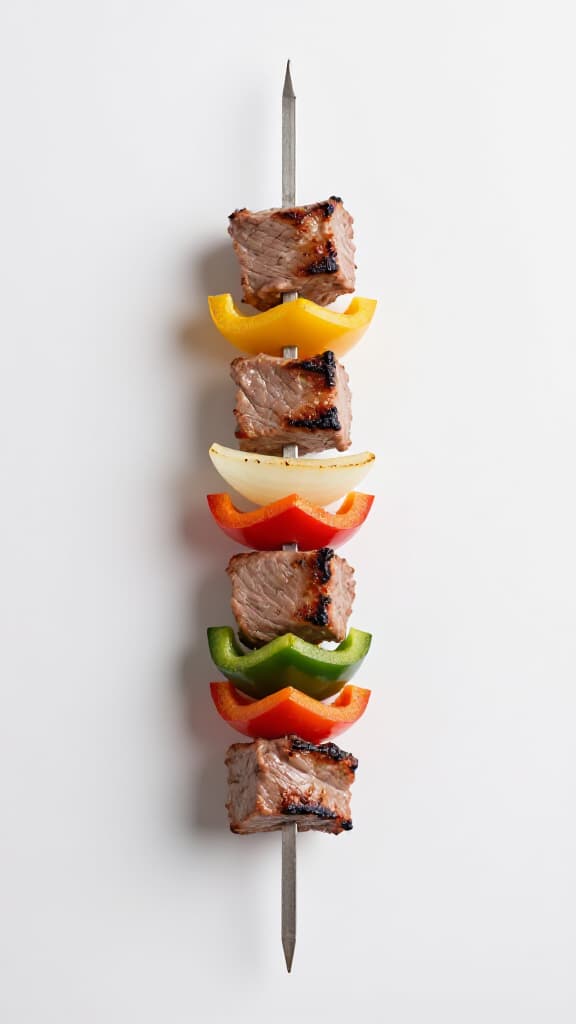 Exquisite Shish Kebab Platter. A beautifully arranged platter of grilled shish kebab, showcasing various meat and vegetable skewers, fresh herbs, and a vibrant presentation, representing the authentic Armenian and Mediterranean flavors at Beluga Restaurant & Banquet Hall in San Francisco.