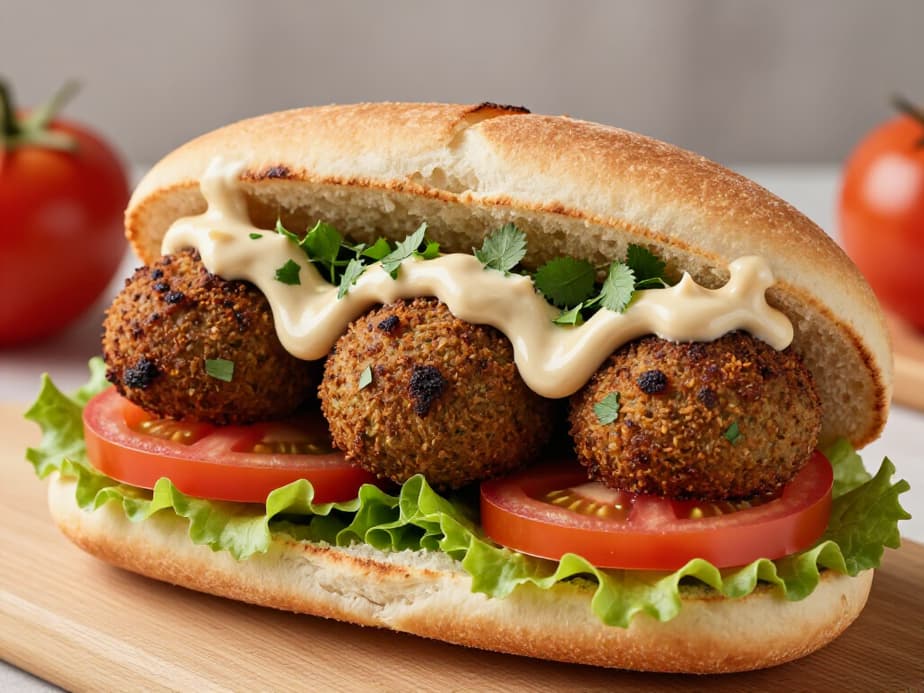 Delicious authentic falafel sandwich with fresh vegetables and tahini sauce, showcasing Mediterranean cuisine from Beluga Restaurant & Banquet Hall in San Francisco.
