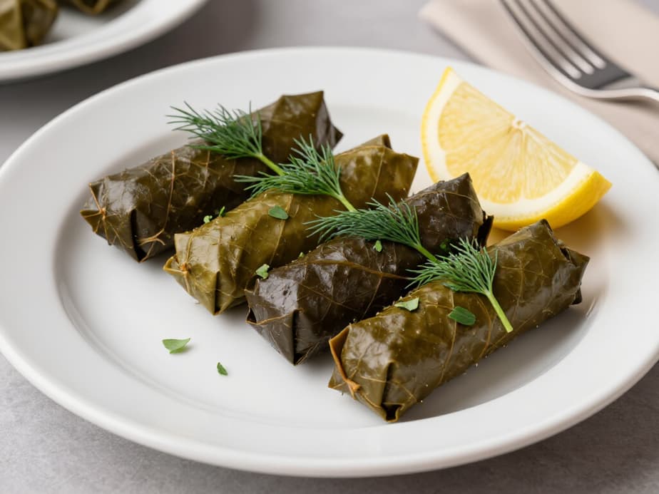 Elegant display of authentic dolma at Beluga Restaurant San Francisco. A beautifully arranged plate of stuffed grape leaves in a sophisticated dining setting, inviting guests to experience traditional Armenian and Mediterranean cuisine.
