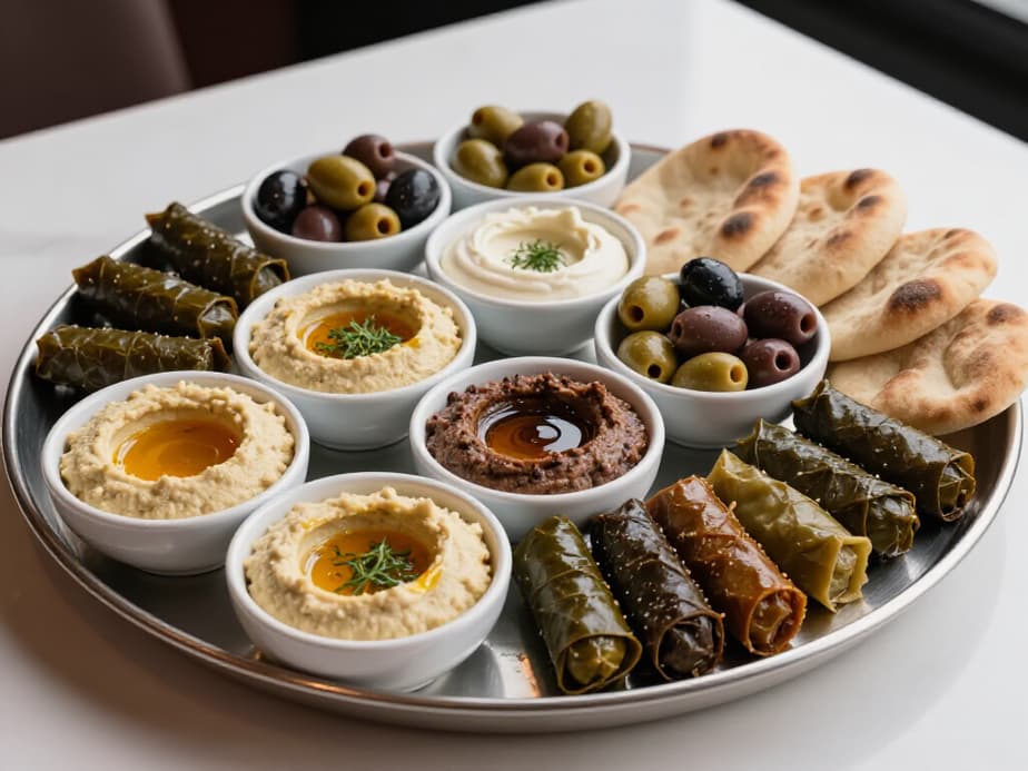 Exquisite Mezze Platters at Beluga Restaurant in San Francisco. A close-up of a lavish mezze platter with various dips, olives, dolma, and fresh pita bread, set in an elegant dining environment at Beluga Restaurant, showcasing authentic Mediterranean cuisine.