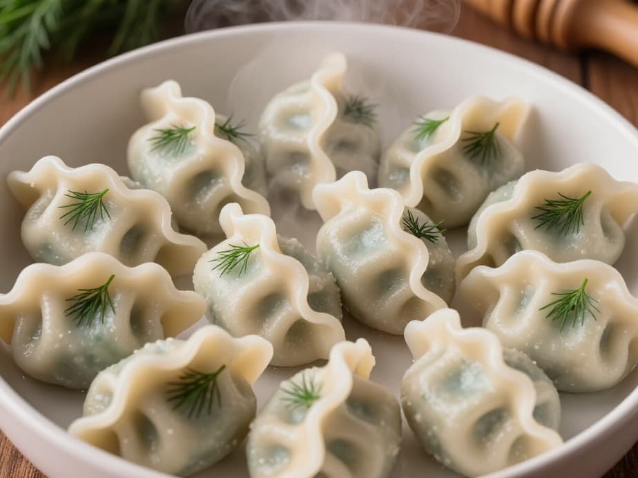 Elegant table set with authentic Russian pelmeni and drinks at Beluga Restaurant