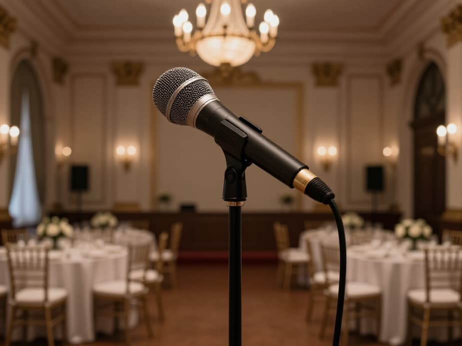 A dynamic live band performing on stage in an elegant banquet hall in San Francisco, with guests enjoying the show.