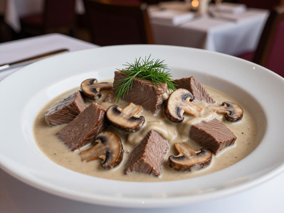 Elegant Russian Restaurant Dining Experience in San Francisco. A beautifully set dining area in Beluga Restaurant, featuring guests enjoying authentic Russian cuisine in a sophisticated and inviting atmosphere.