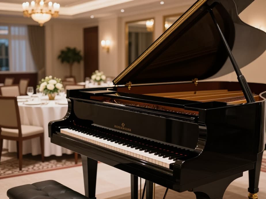 Elegant banquet hall in San Francisco with a stage set for live music, tables beautifully arranged for guests. Perfect venue for events and performances.