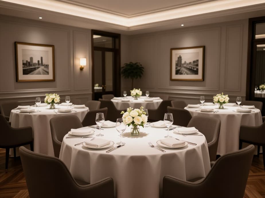 Elegant Small Banquet Hall Interior in San Francisco. A tastefully decorated intimate event venue, showcasing luxurious seating and a cozy ambiance perfect for private celebrations.