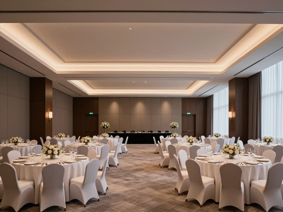Elegant banquet hall set up for a team building event in San Francisco. A spacious and beautifully decorated venue, perfect for corporate team bonding and engaging activities.