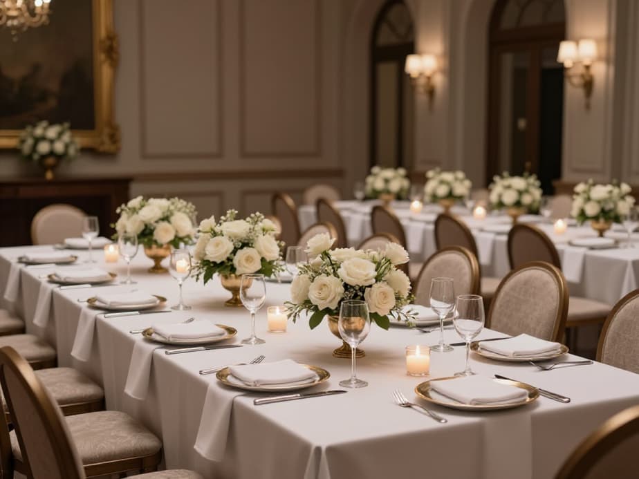 Grand banquet hall set up for an elegant event in San Francisco. A spacious and luxurious event venue with chandeliers, draped ceilings, and a dance floor, ready for unforgettable celebrations.