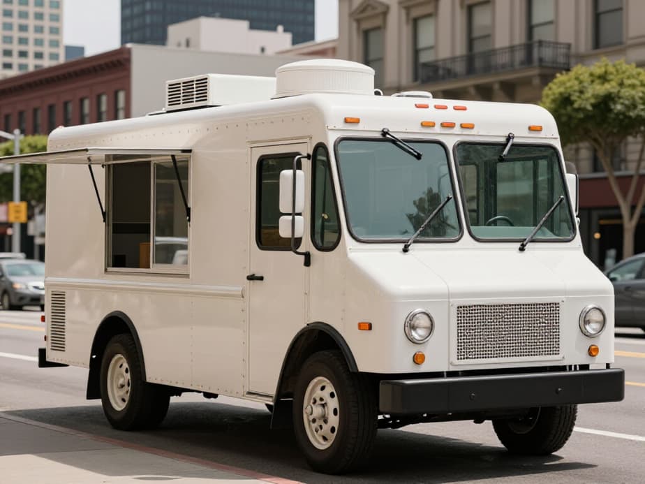 San Francisco food truck catering event with city skyline in background