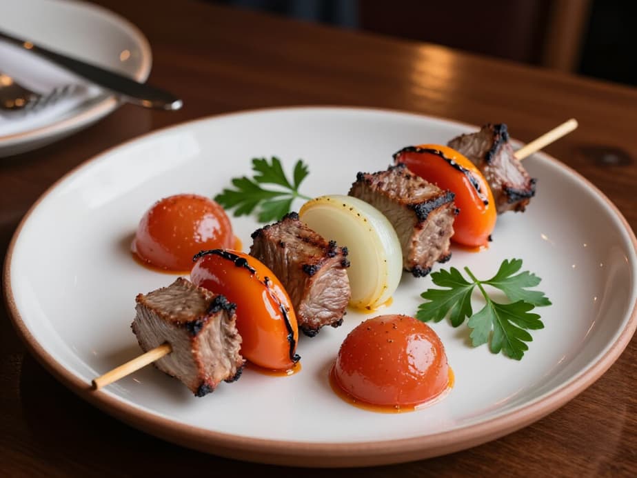 Elegant dining experience at an authentic Mediterranean restaurant in San Francisco. A beautifully set table with fresh, vibrant Mediterranean dishes, warm lighting, and a welcoming ambiance, reflecting Beluga Restaurant
