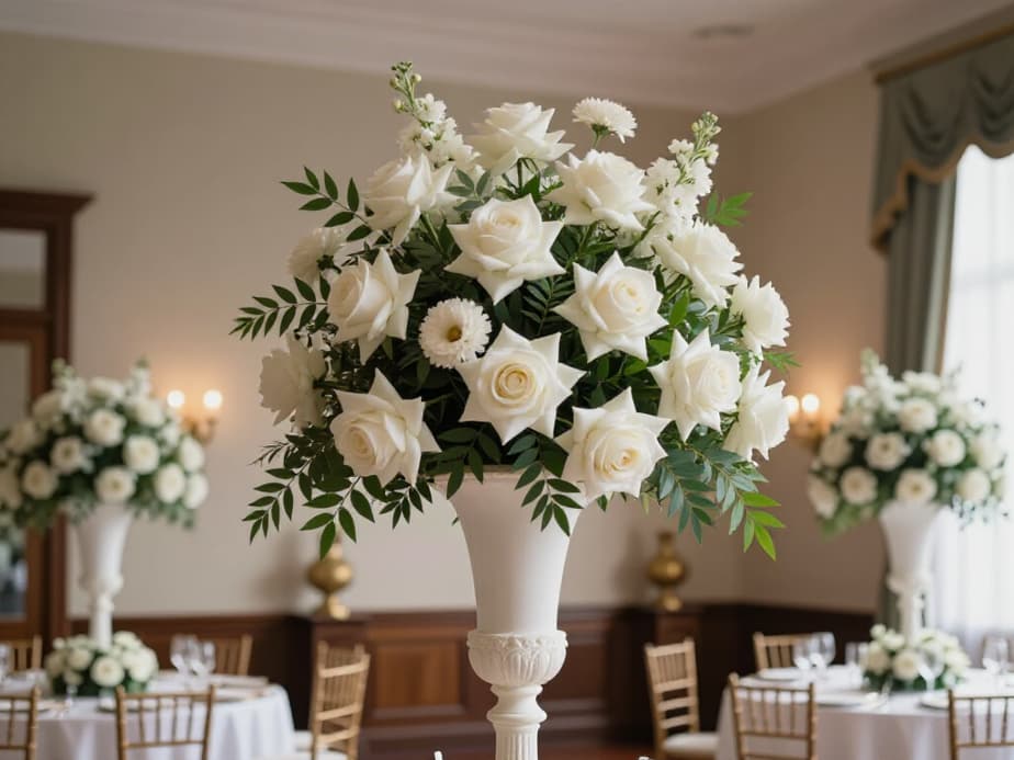 Grand ballroom set up for a wedding reception at Beluga Banquet Hall in San Francisco. Elegant tables, chairs, and lighting prepared for a luxurious event.