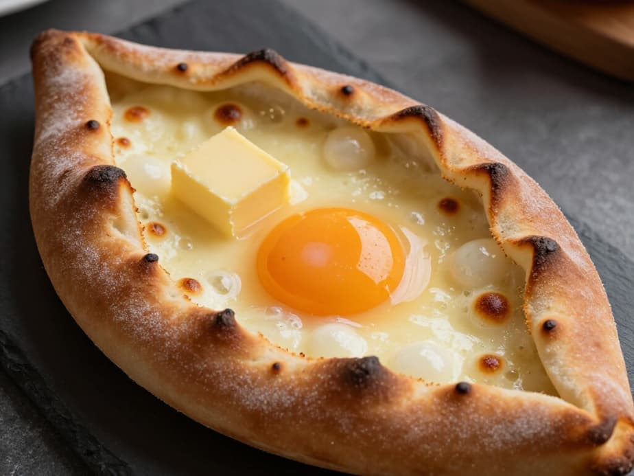 A beautifully set table at Beluga Restaurant in San Francisco, featuring a prominent Khachapuri dish alongside other authentic Armenian and Mediterranean culinary delights, inviting diners to experience a feast.