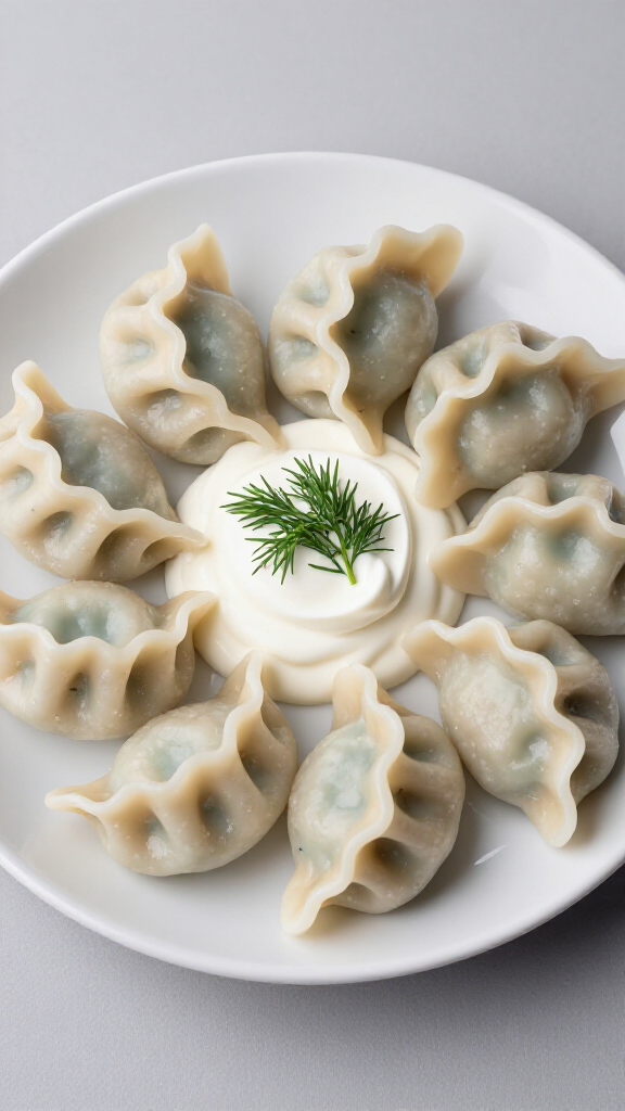 Authentic Russian Pelmeni Dumplings served at Beluga Restaurant in San Francisco. A close-up shot of perfectly cooked pelmeni with traditional sour cream and fresh herbs, highlighting the delicious handmade quality of Russian cuisine.
