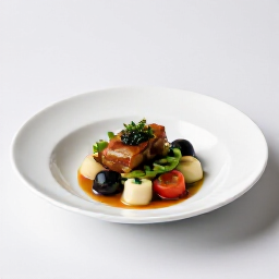 A chef-prepared individual dish, showcasing the meticulous presentation and authentic flavors of Russian cuisine at Beluga Restaurant in San Francisco. The dish is perfectly garnished, highlighting the fresh ingredients and culinary artistry.