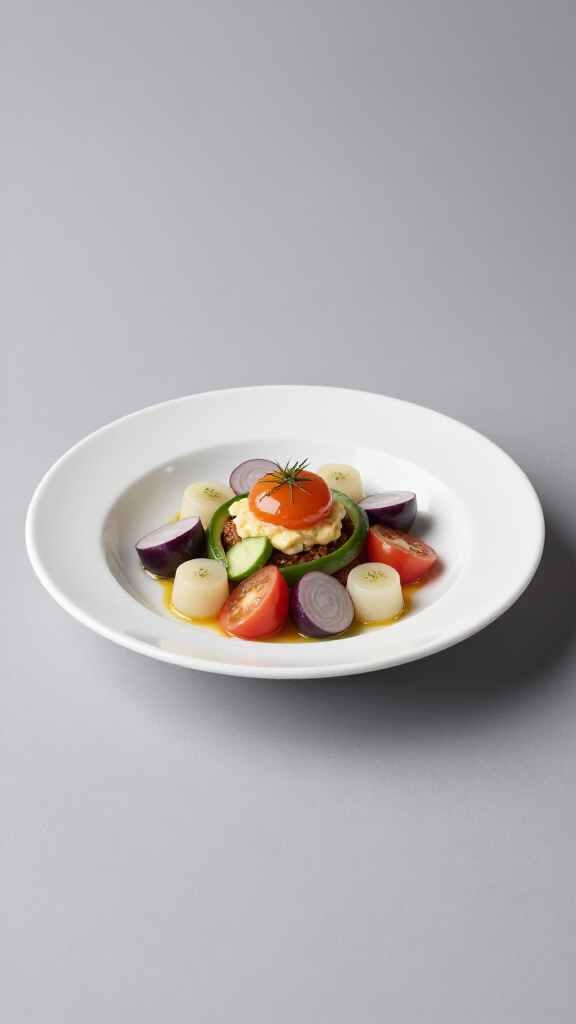 Chef presenting a beautifully plated dish during a custom catering menu development session. Professional culinary artistry, elegant food presentation, personalized event catering, fine dining experience in San Francisco.
